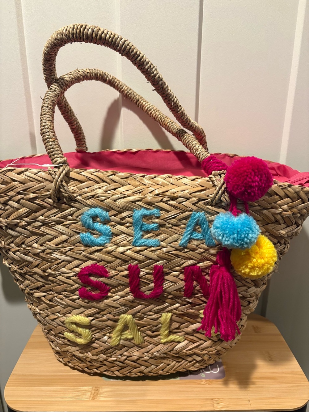 NWT Woven Beach Tote with Hot Pink lining and Multicolor Pom-Poms